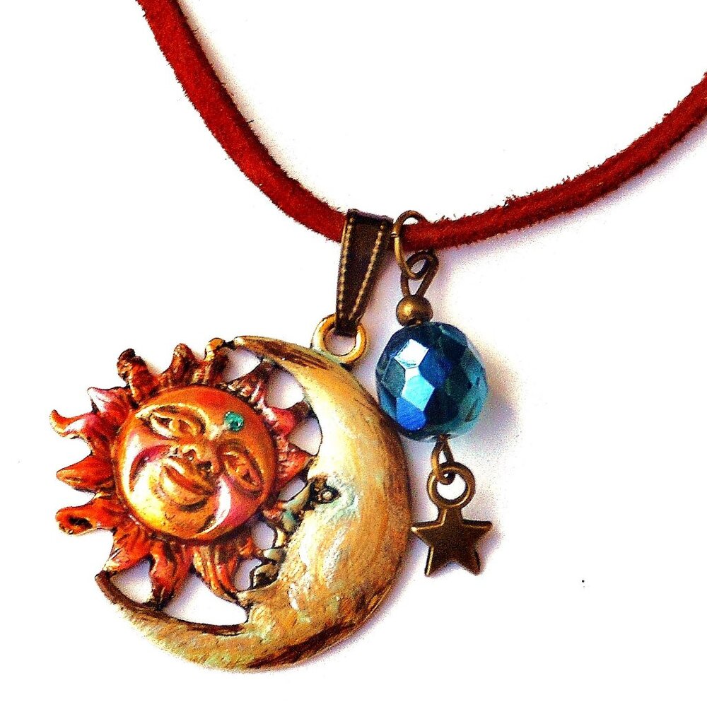 Handmade Large Sun Moon and Stars Leather Cord Necklace Painted Bohemian Jewelry